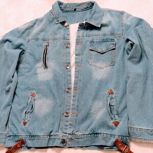 Men’s VTG Y2K Distressed Denim Jacket XL Blue Jean Sherpa Lined Streetwear